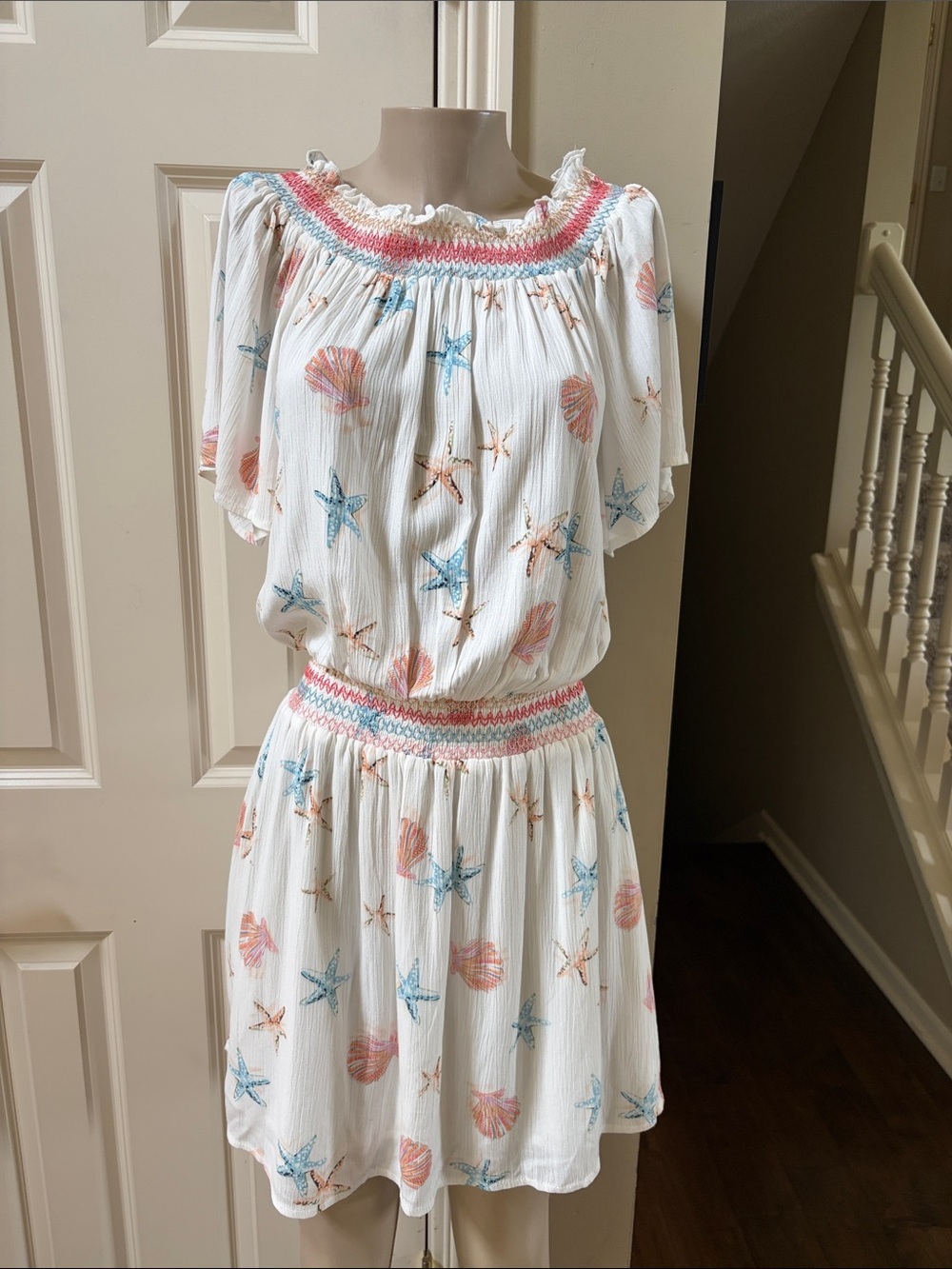 Jade Melody Tam Ivory Dress with Blue and Coral Seashell Print, med